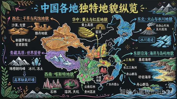 以中国地图为中心,连接西北、西南、青藏高原等区域地貌的黑板图