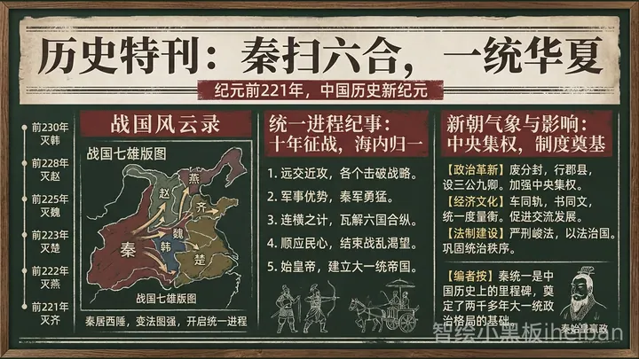 以时间线、战国形势示意和统一后的制度措施组织秦统一六国知识的黑板报